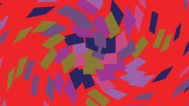 Energetic vortex effect featuring overlapping parallelogram shapes in rich purple gold and deep blue tones on bold solid red flat background field.