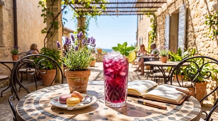 Fototapeta premium Charming Mediterranean courtyard café view showcasing a cold cocktail garnished with mint and lime alongside sweet macarons.