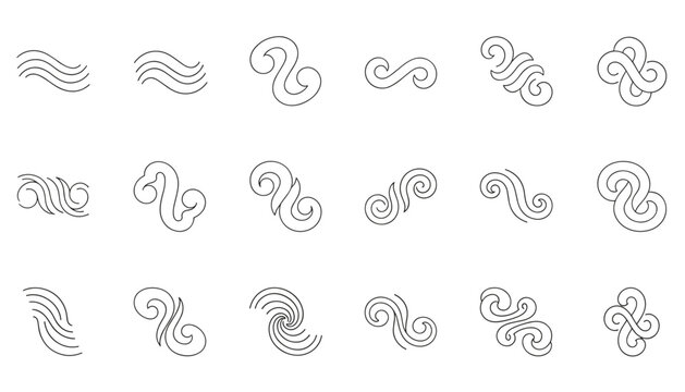 Set of abstract minimalist line art icons featuring blue water waves spiral curls and creative infinity symbols.