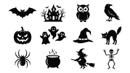 Fototapeta premium Set of twelve black silhouette icons representing traditional spooky halloween symbols with silhouettes representing classic