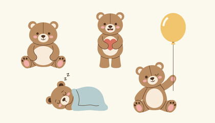 Obraz premium Set of four adorable cartoon teddy bears in different poses including sitting, sleeping, holding a heart, and holding a balloon.