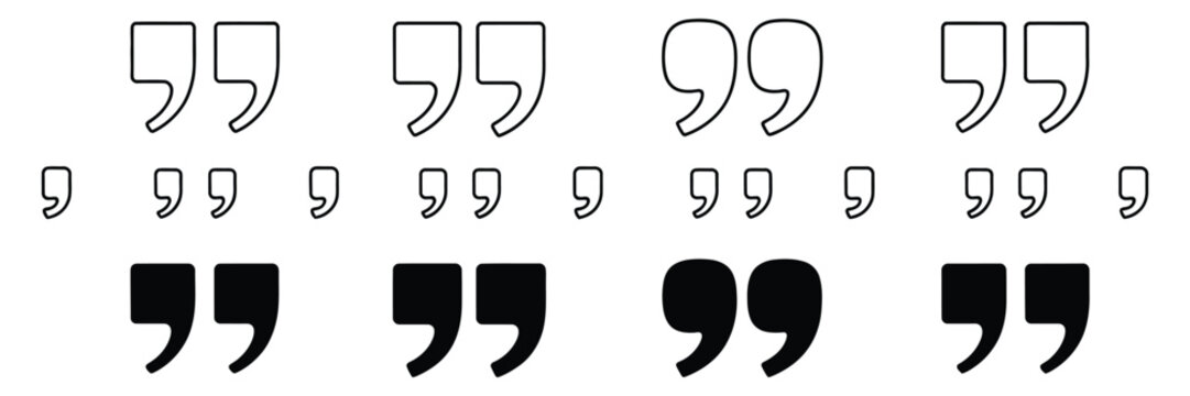 Quotation Marks icon set featuring inverted comma symbols for quotes, dialogue, typography, editorial design, and text formatting vector, designs