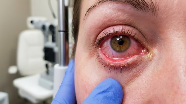 Close up of a patient with conjunctivitis or pink eye in an eye clinic.