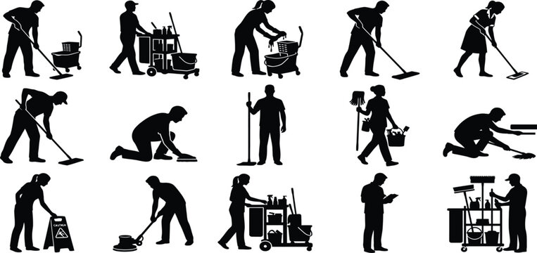 mopping cleaning service silhouette set, janitor housekeeper male female worker vector shapes, floor scrubbing trolley icons, commercial maintenance collection for website design artwork