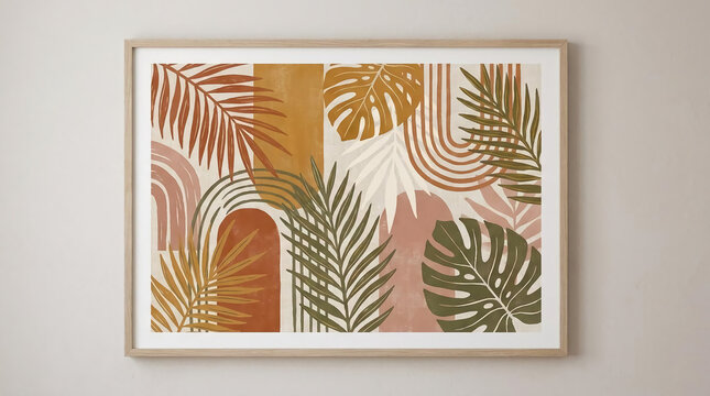 Framed abstract botanical print with monstera leaves and geometric arches.