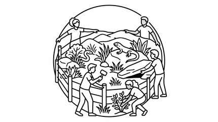 Modern Black and White Line Drawing of Archaeologists Excavating Dinosaur Fossils in a Controlled Environment © murtiyem