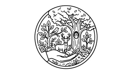 Industrial Style Black and White Forest Circle Seal with Deer Rabbit Owl Birds Trees and Nature Elements © murtiyem