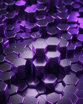 Abstract 3D background with embossed hexagonal panels and purple light.