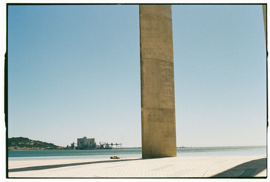 Concrete Column and Tagus River Waterfront, Lisbon, Portugal