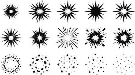Obraz premium Diverse collection of black starbursts, explosions, and dot patterns on a white background Keywords: starburst, explosion, burst, star, dots, circles, pattern, collection, set, graphic, design
