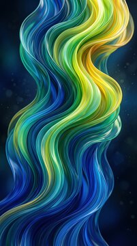 Abstract fluid waves in deep blue, green, and golden yellow tones.