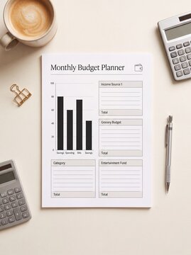 Monthly budget planner sheet with calculator pen and coffee cup on beige desk surface with organization