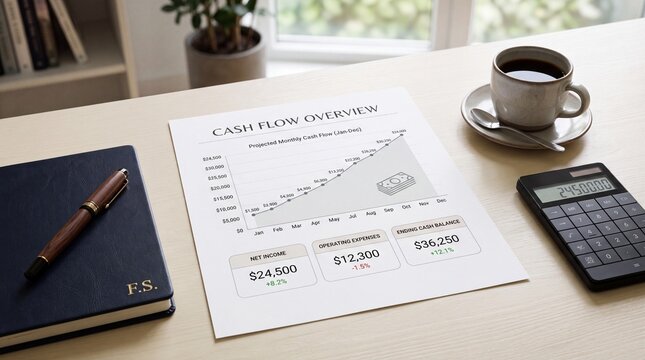Business cash flow financial report document placed beside calculator and pen on office wooden table