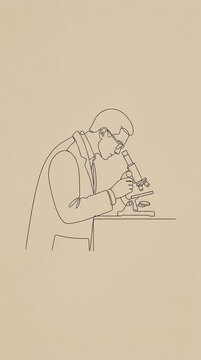 Line art of scientist using microscope in laboratory setting.