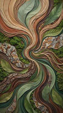 Abstract organic composition with wood, leaves, moss, and stone textures.