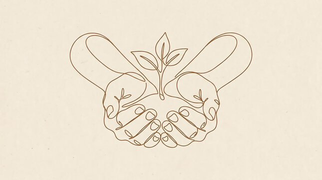 Minimalist line art of hands cradling a growing plant sprout.