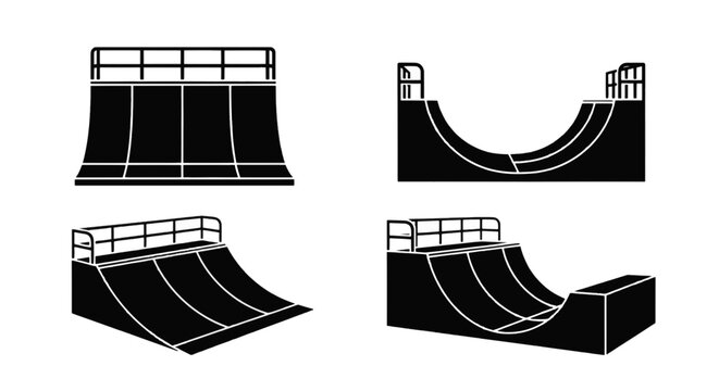 Vector illustration of set of skate park ramps and half pipes for extreme sports a transparent background