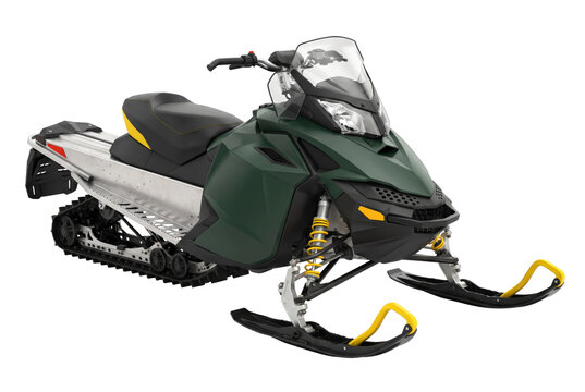 Modern Green Performance Snowmobile with Yellow Suspension and Silver Chassis