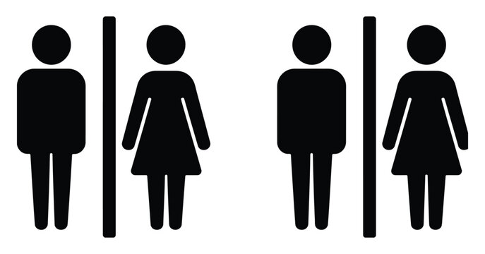 Toilet Signs, solid black male and female restroom symbols, gender icons for bathroom identification, public facilities, washroom signage, and wayfinding, clean vector illustration.