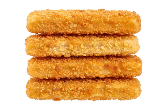 Stack of four crispy golden breaded fish fingers