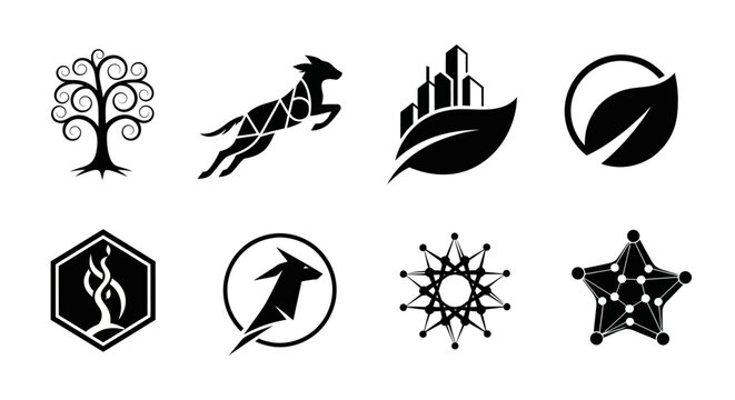 Eight black and white logos on plain white background with logos arranged two eight distinct rows plain abstract graphic network hexagon with symbol