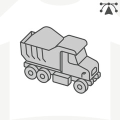 Obraz premium Dump truck with crushed stone isometric icon, road making concept. Vector graphics. Delivery of materials, heavy transport sign and editable stroke, outline style icon for mobile or web design.
