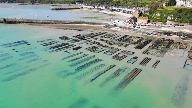 Aerial view of Cancale oyster farms in France, traditional shellfish farming area on the Brittany coast