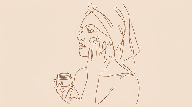 Woman applying skincare cream line art drawing.