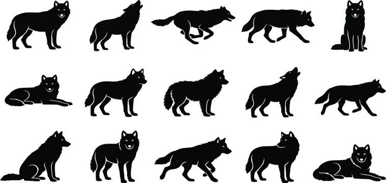 wolf silhouette set, wild predator vector shapes, howling standing sitting lying animal icons, wilderness fauna collection for logo design artwork