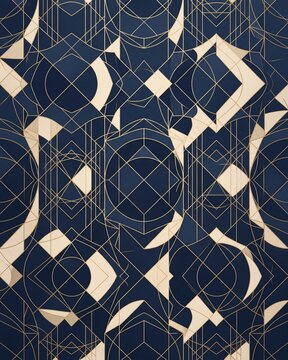 Seamless Art Deco geometric pattern, navy blue and gold luxury aesthetic.