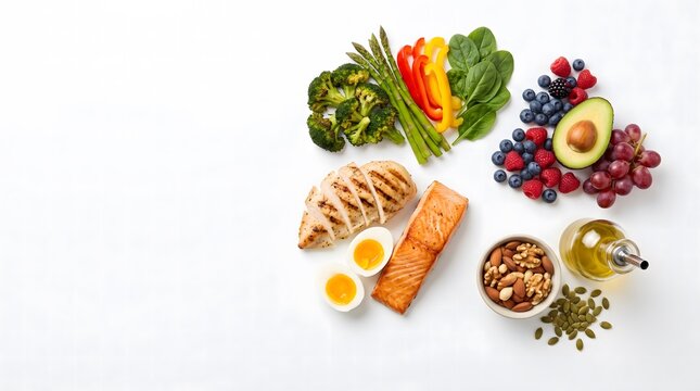 Balanced Healthy Diet Composition with Fresh Vegetables Fruits Protein and Nuts on White Background