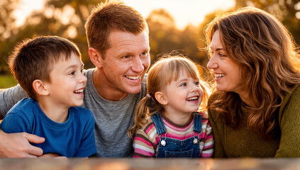 Fototapeta premium Family of four laughing together outdoors during golden hour light.