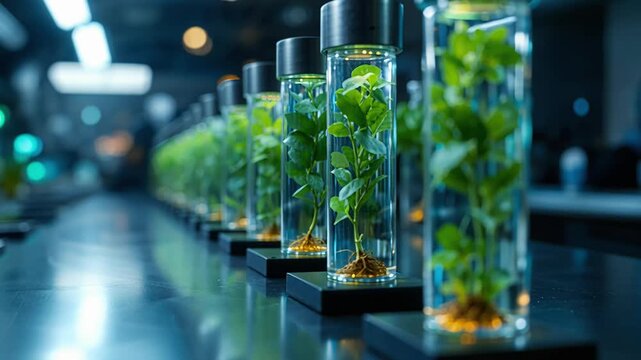 Row of glass tubes with young green plants under LED light in laboratory