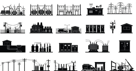 Obraz premium Industrial Power Generation and Electrical Infrastructure Silhouette Icon Set Collection