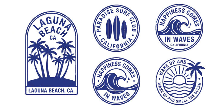 Set of vintage summer surf and beach emblems with palm trees waves and california typography