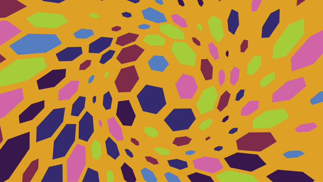 Whimsical background featuring small floating hexagon shapes swirling across warm orange field creating playful and dynamic visual effect.