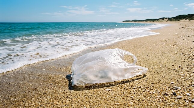 Discarded plastic bag polluting the sandy beach shoreline.