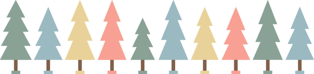 Fototapeta premium Minimalist Pastel Pine Tree Border Set with Colorful Holiday Evergreen Conifers for Cute Christmas Backgrounds, Patterns, and Nursery Designs