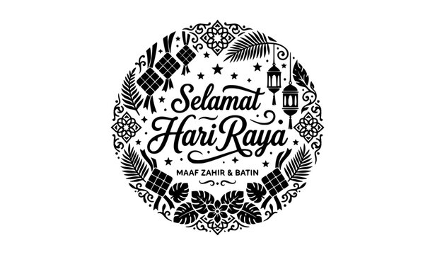 Selamat Hari Raya Festive Greeting Typography Vector with Ketupat Crescent and Islamic Decorative Elements on White Background