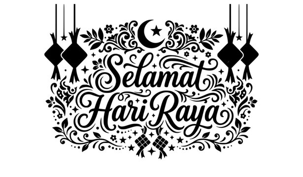 Modern Selamat Hari Raya Typography with Ketupat Wreath Islamic Festive Vector Illustration Isolated on White