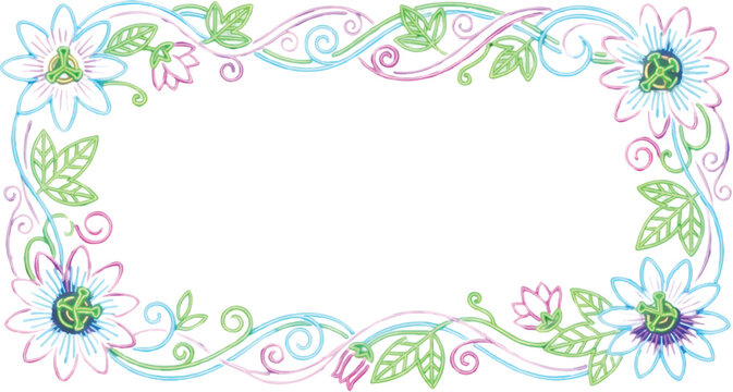 Vibrant neon floral rectangular frame border vector template on a transparent background