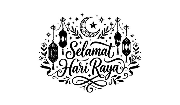Elegant Selamat Hari Raya Brush Calligraphy with Lantern Crescent and Festive Islamic Ornament Vector on White Background