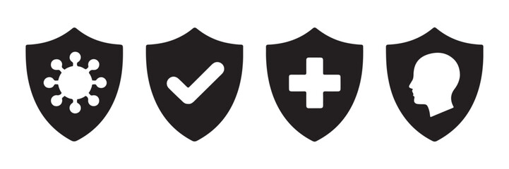 Set of medical shield icons showing protection against virus disease care and human immune system health. © MSTALIMA