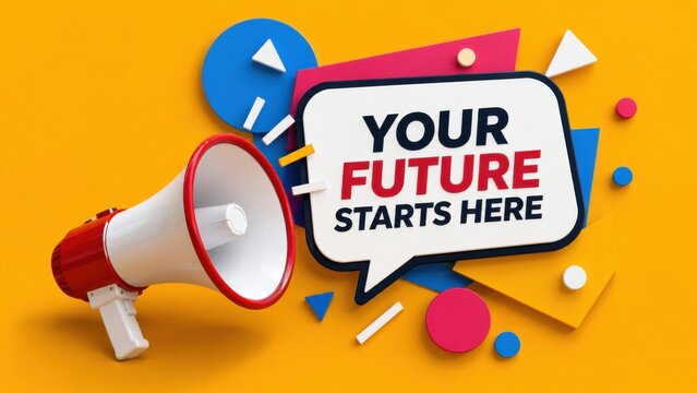 Red megaphone with colorful speech bubble saying your future starts here on vibrant yellow backdrop.