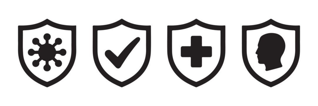 Collection of medical shield icons representing virus safety checkmark healthcare and human wellbeing.