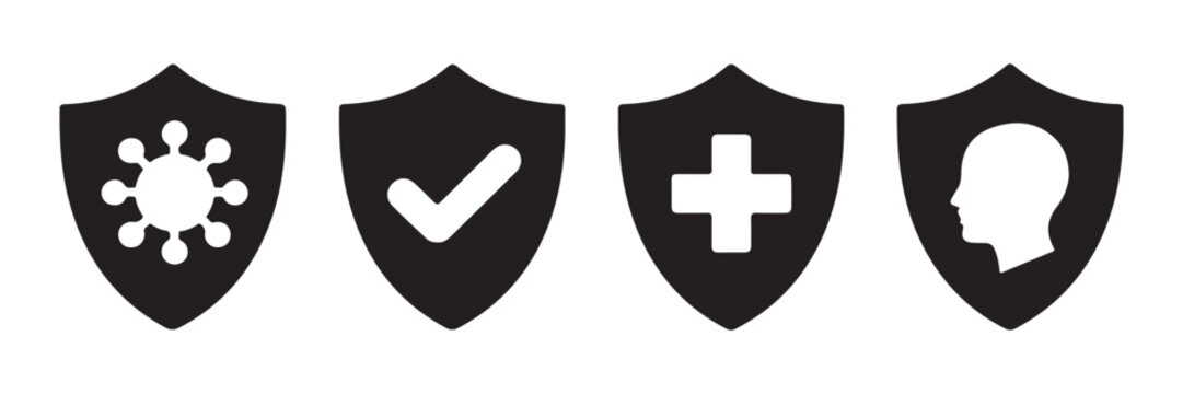 Set of medical shield icons showing protection against virus disease care and human immune system health.