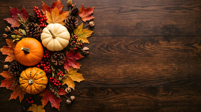 A festive thanksgiving background featuring colorful autumn leaves pumpkins pine cones and red berries arranged on a rustic dark brown wooden table surface