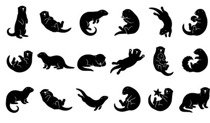 Obraz premium Sea Otter Silhouette Vector Collection with Realistic Marine Mammal Poses for Wildlife Logos Nature Branding and Coastal Designs