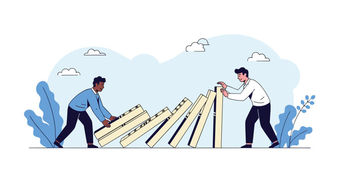 Two men working together to stop a row of falling dominoes and prevent a total corporate collapse or disaster.