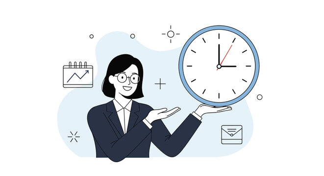 Professional businesswoman in a suit presenting a large wall clock as a symbol of punctuality and effective time management at work.